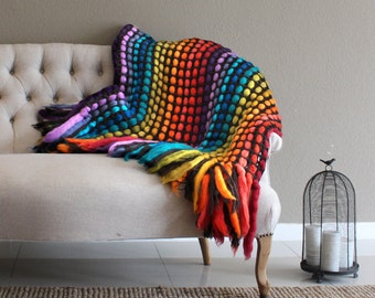 Giant knit blanket, chunky knit throw, Wool blanket, Super bulky blanket, hippie bedding