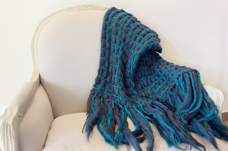 Blue crochet throw blanket Housewarming gift for rustic decor Knit blanket for bedroom image 1