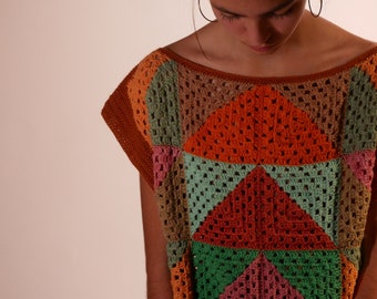 Geometry Patchwork Crochet Vest, Handknitted cotton vest