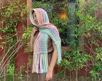 Colorful cotton scarf, hand knitted scarf, fringes scarf, oversized scarf, decorative throw, soft spring coat, cozy handcrafted shawl