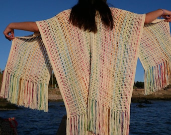 Multicolored ruana, Cotton shawl, Soft handknitted poncho