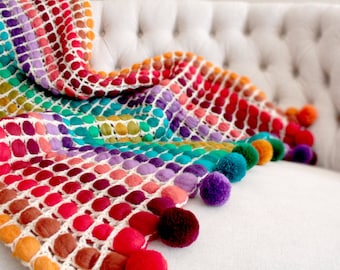 Rainbow Crochet blanket with Pompom, Wool Blanket, Weighted blanket, throw blanket, Bedroom decor
