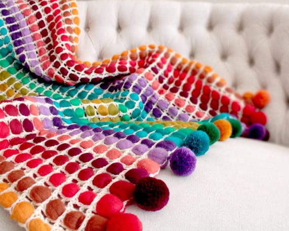 Rainbow Crochet Blanket Pompom Wool Weighted Etsy