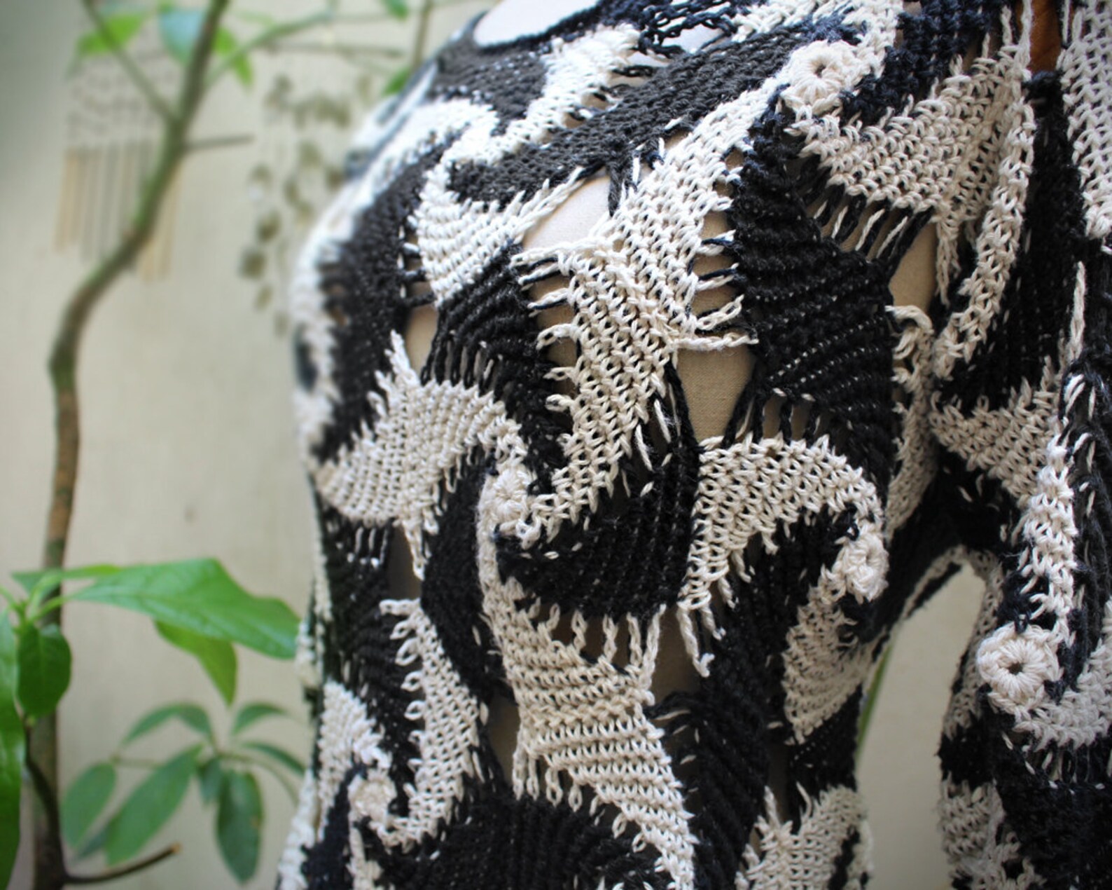 Hand-Crochet Open Back Sweater in Black and White main image 1