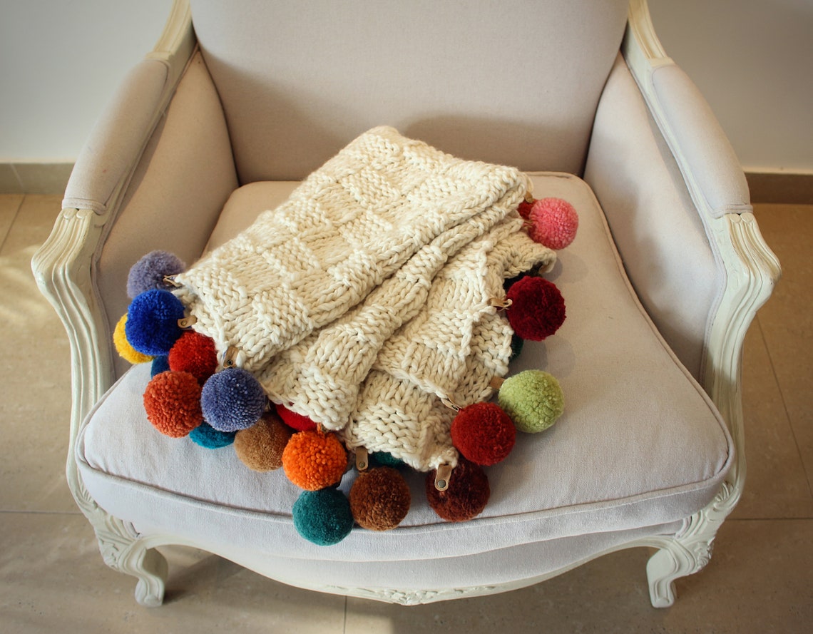 Pom Pom Blanket Wool Blanket With Pompom Personalized Throw Etsy
