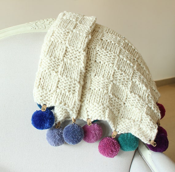 Pom Pom Couverture Couverture De Laine Avec Pompom Etsy