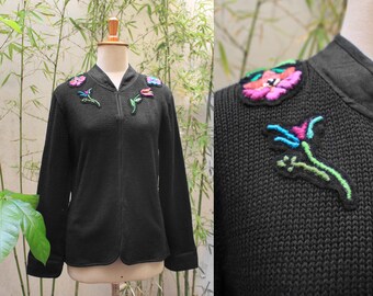 Black cotton jacket, summer jacket, spring cardigan, knits, embroidery jacket