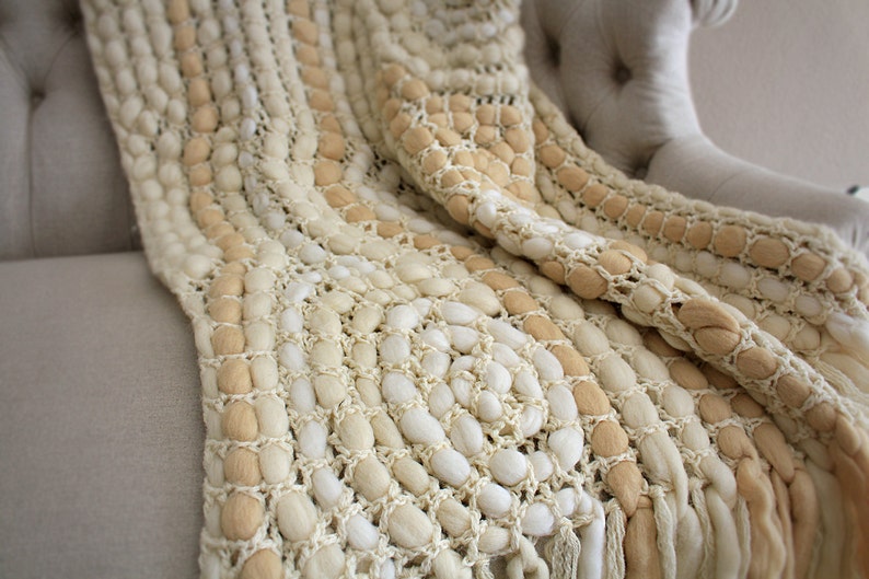 Chunky knit throw Weaving loom knitted blanket natural wool Etsy