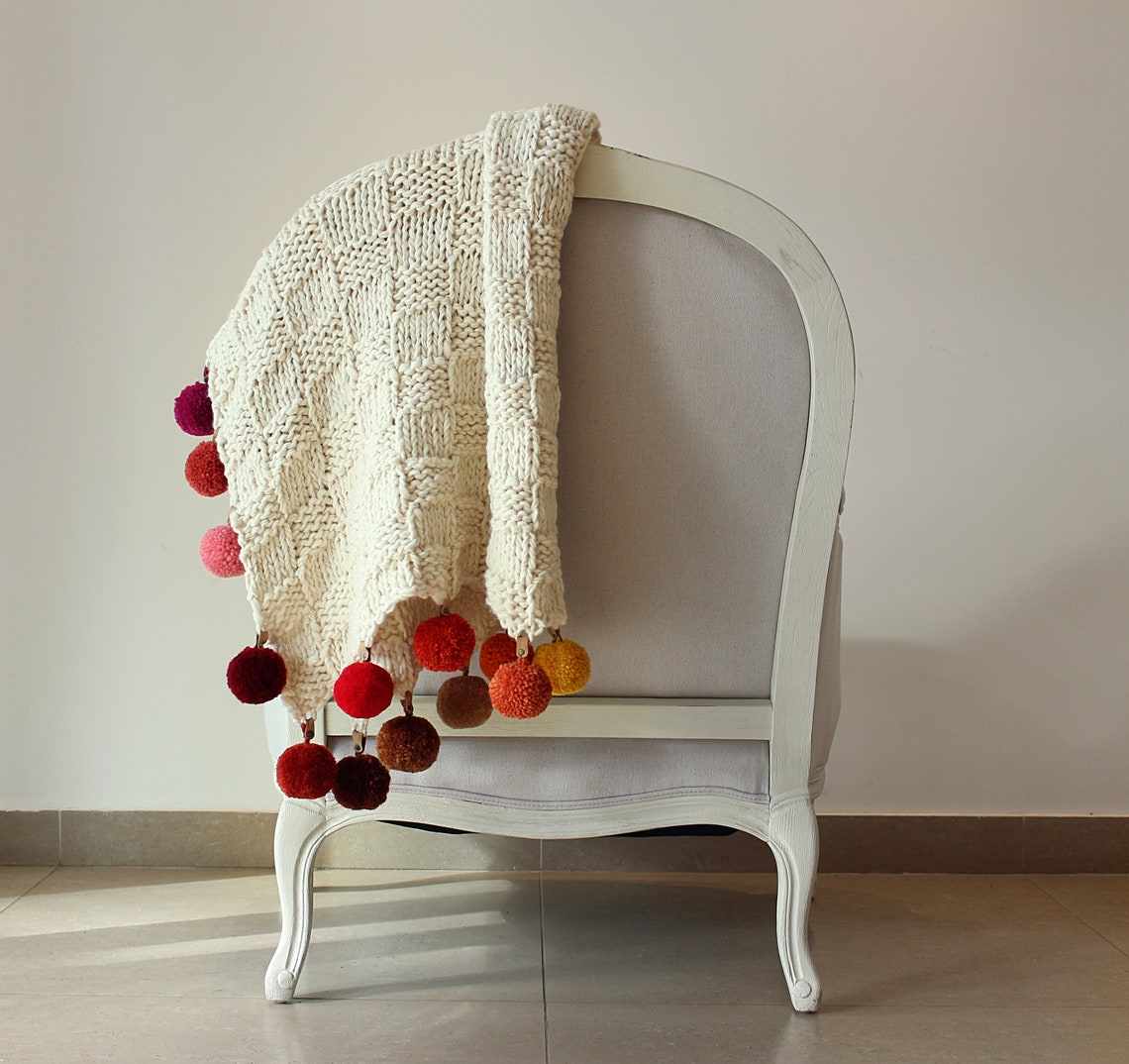 Pom Pom Blanket Wool Blanket With Pompom Personalized Throw Etsy