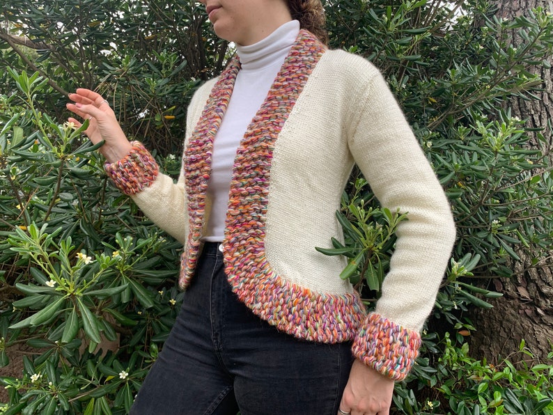 Chunky knit jacket, Wool knit coat, Boho jacket, Textured sweater, Knit shrug, Ecru front cardigan with multicolor chunky kit, Soft jacket, image 4