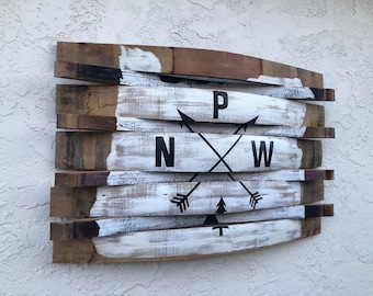 Pacific Northwest Compass - Wine Barrel - Wood Wall Hang - Wall Art - Patio Wall Art - Wine Gift - Indoor Outdoor Wall Décor - Custom Art