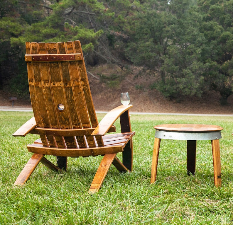 Adirondack Chair, Tables, Wine Barrel Chair, Wine Barrel Furniture , Rustic Chair, Patio Chair, Outdoor Furniture, Barrel Chair 1 Chair and a Table