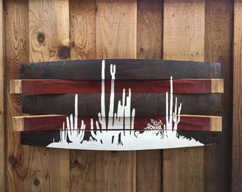 Desert Wall Art - Cactus Silhouette - Reclaimed Wine Barrel Wall Hang - Desert Décor - Rustic Desert Picture - Rustic Art - Wood Decoration