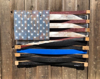 Thin Blue Line American Flag - Wine Barrel Wall Hang - Law Enforcement Wall Decor - Police Gift - Rustic TBL Flag