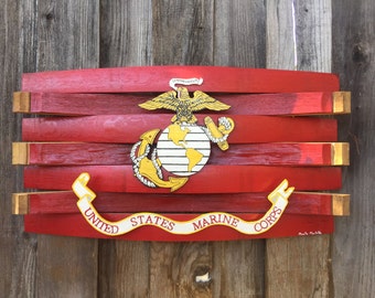 Marine Flag, Military Memorabilia, Wine Lovers Gift, US Marine Flag, Wall Art, Wood Sculpture, Wine Barrel Art