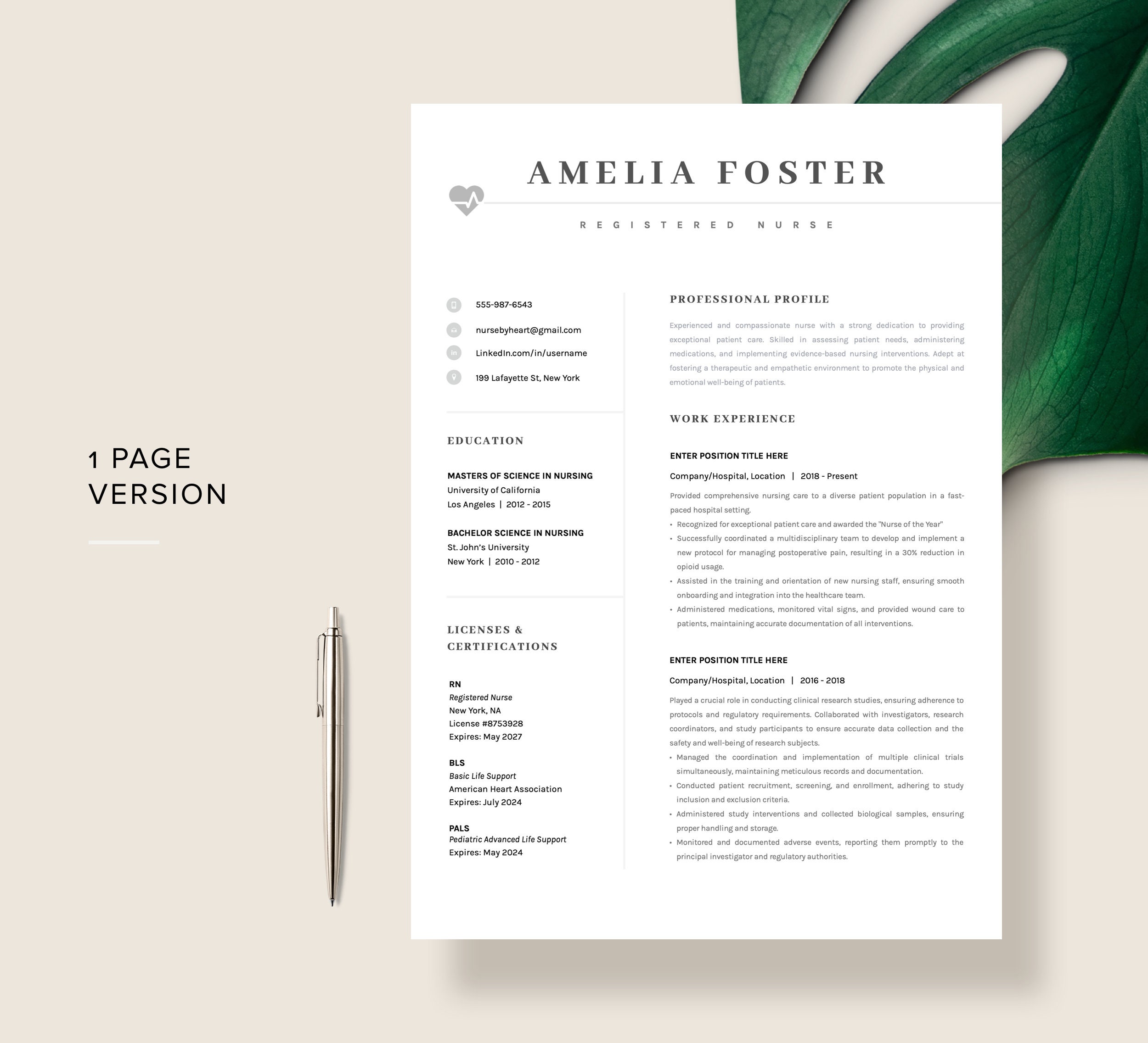 Nursing Resume Template Cover Letter for MS Word Pages, Registered ...