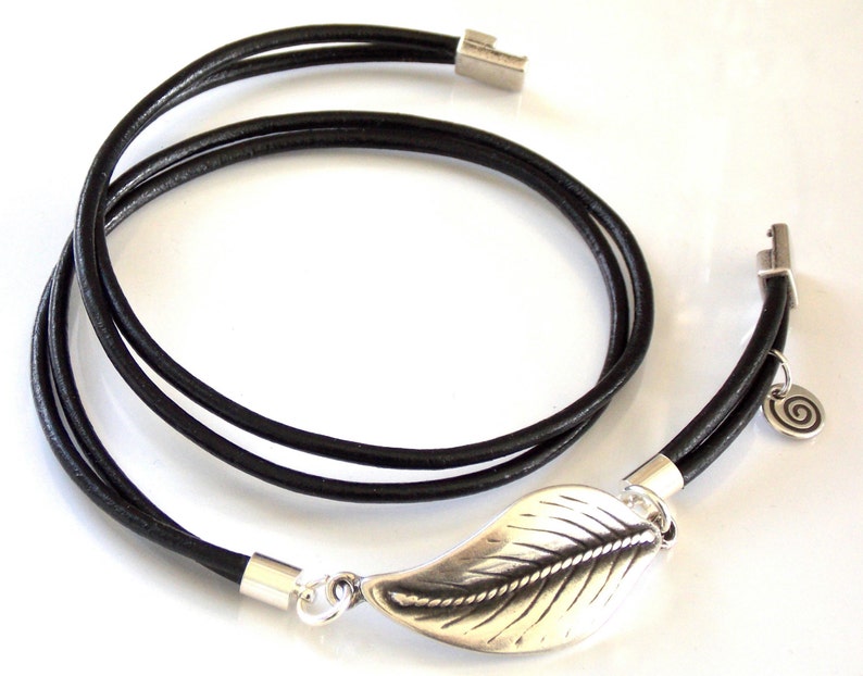 Silver Zamak Metal and Leather Leaf Wrap Bracelet Etsy
