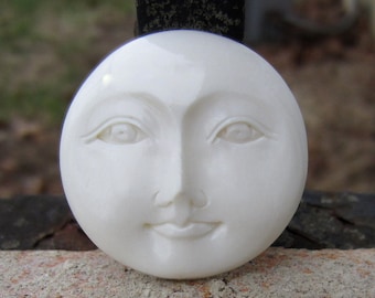 Hand carved large moon face, 30mm ,  Buffalo bone carving  , Flat back G128