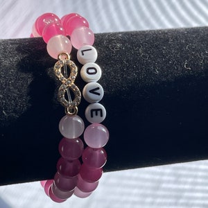 Valentines LOVE #2  women’s bracelet pink glass beads INFINITY Upcycled