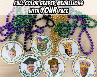 Full Color Mardi Gras, Birthday, or Graduation Beaded Medallions with YOUR FACE! Choose your hat or ask about our other options! Bulk Packs