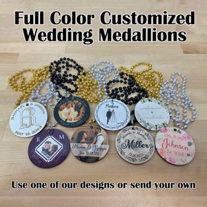 SINGLE SIDED Wedding Necklace Medallions - Customized with Full Color artwork (use a pre-made design or send your own artwork).  Bulk packs.