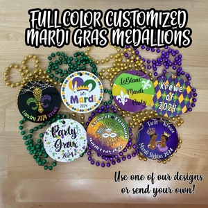 SINGLE-SIDED Mardi Gras Necklace Medallions - Customized with Full Color artwork (use a pre-made design or send in your own).  Bulk packs.