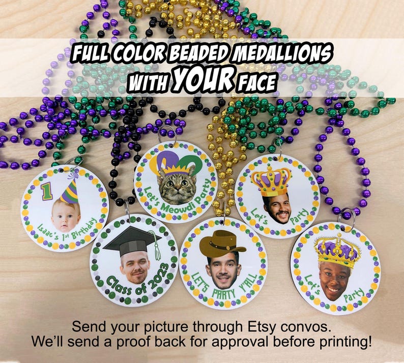 Full Color Mardi Gras, Birthday, or Graduation Beaded Medallions with YOUR FACE Choose your hat or ask about our other options Bulk Packs image 1