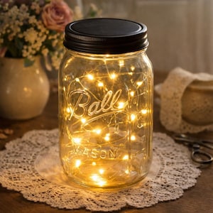 May include: A clear glass Ball Mason jar with a black lid, illuminated from within by a string of warm white fairy lights. The glass features the embossed text Ball and MASON on the front, creating a glowing decorative light fixture.
