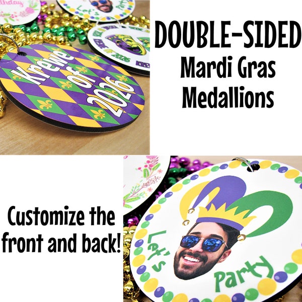 DOUBLE-SIDED Mardi Gras Necklace Medallions - Customized with Full Color artwork (choose from our designs or send in your own).  Bulk packs.