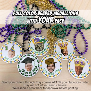 May include: A collection of colorful beaded necklaces with circular medallions. Each medallion features a person's face, a hat, and text. The text on the medallions includes "Isaac's 1st Birthday", "Let's Meowdi Party", "Class of 2023", and "Let's Party Y'all".