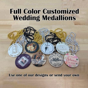SINGLE SIDED Wedding Necklace Medallions - Customized with Full Color artwork (use a pre-made design or send your own artwork).  Bulk packs.