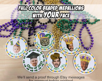 SINGLE-SIDED Custom Photo Beaded Medallions: Mardi Gras, Birthday, Graduation