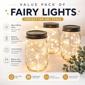 May include: A value pack of fairy lights featuring warm white LEDs on flexible copper or silver wire. The lights are battery operated and available in 6 foot or 16.5 foot options. The text reads Value Pack of Fairy Lights, Perfect for Any Space.