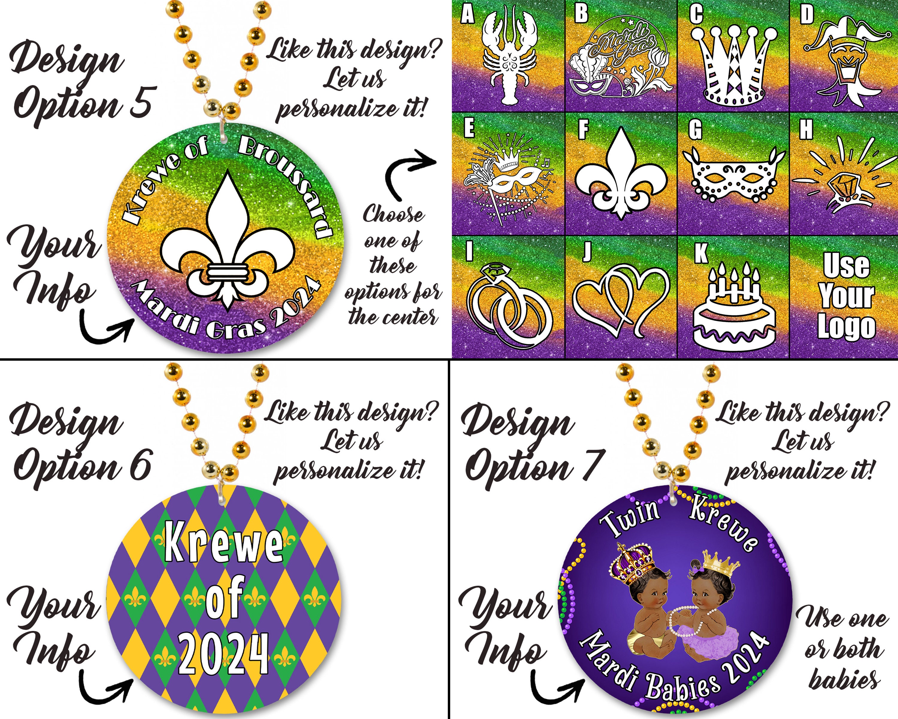 EINSEITIGE Mardi Gras-Halskettenmedaillons – Individuell gestaltet mit farbigem Design (verwenden Sie ein vorgefertigtes Design oder senden Sie Ihr eigenes ein). Großpackungen.