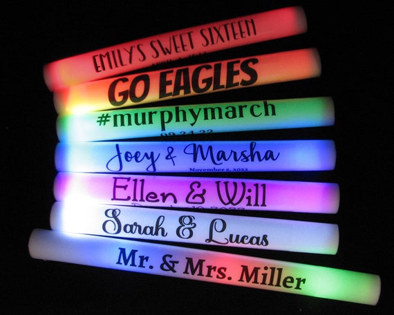 150 Flashing Custom LED Foam Sticks You Pick the Color and the Text Perfect  for Dance Floor Props Weddings, or Parties. 