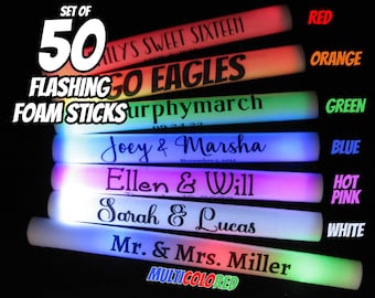 50 Personalized Flashing LED Foam Sticks: Wedding & Party Favors