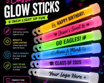 Custom 6" Glow Sticks - Personalized Party Favors - Pack of 10