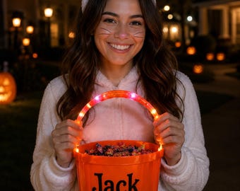 Personalized LED Pumpkin Candy Bucket, Light-Up Handle Trick-or-Treat Pail