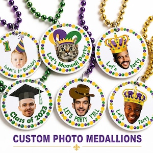 Custom Photo Mardi Gras Beads, Personalized Face Beaded Medallion, Birthday Party Decorations, Graduation Party Favors