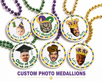Custom Photo Mardi Gras Beads, Personalized Beaded Medallion Graduation Birthday Party Favors