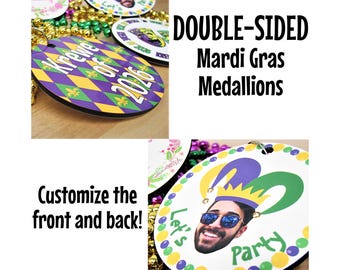 DOUBLE-SIDED Mardi Gras Necklace Medallions - Customized with Full Color artwork (choose from our designs or send in your own).  Bulk packs.