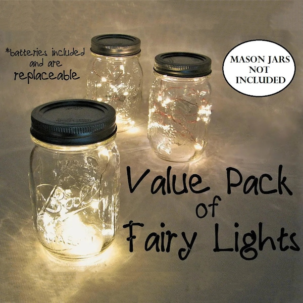 VALUE PACK Fairy Lights with replaceable batteries. You pick quantity. 10 LEDs per wire, warm white lights for mason jars or crafts (REP10)