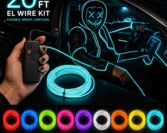 20 Ft EL Wire Kit – Flexible Neon Glow for Costumes, Cars, Parties (9 Colors)