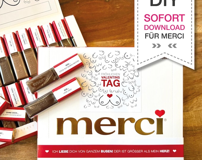 Featured listing image: For Men - Printable Merci Chocolate | Valentine's Day Gift | Wedding Anniversary, Love, Partner, Engagement, Funny, Breasts, Hearts