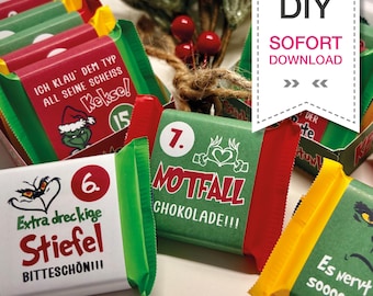 Grinch Anti Adventskalender Ritter Sport Mini - DIY Druckvorlage Sofortdownload - 24 x grummelige Sprüche für Weihnachtsmuffel LAST MINUTE
