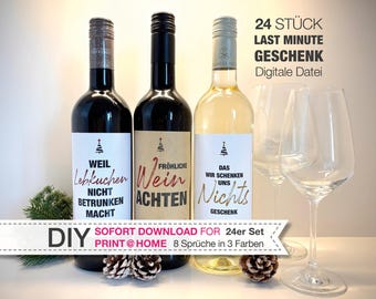 24x DIY Last Minute Printable Christmas Gift Template - Personalized Wine Labels for Christmas | Labels / Stickers with 8 Sayings in 3 Colors Each