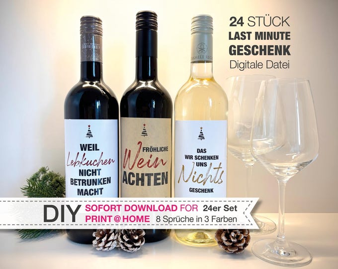 Featured listing image: 24x DIY LAST MINUTE Christmas Gift Printable Template - Personalized Christmas Wine Label | Labels / Stickers with 8 Sayings in 3 Colors Each
