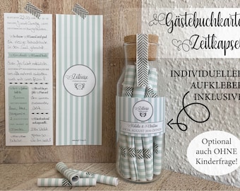 50 Stück: Gästebuchkarten "Zeitreise" No2 Mint -> Zeitkapselkarten / Hochzeitsspiel / Gästebuch zur Hochzeit / Optional OHNE Kinderfrage