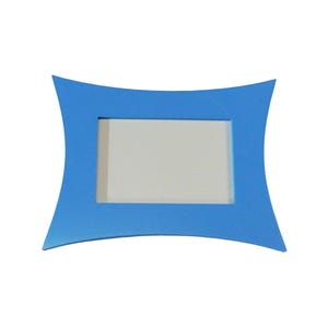 May include: A blue picture frame with a unique, curved design. The frame has a rectangular opening for a photo and is made of a solid, light blue material. The frame's edges curve outward, giving it a modern look.