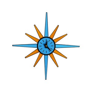 May include: A starburst wall clock featuring a circular blue face with black hour markers and black hands. The clock is surrounded by alternating long light blue and shorter orange pointed rays extending outward from the central dial.